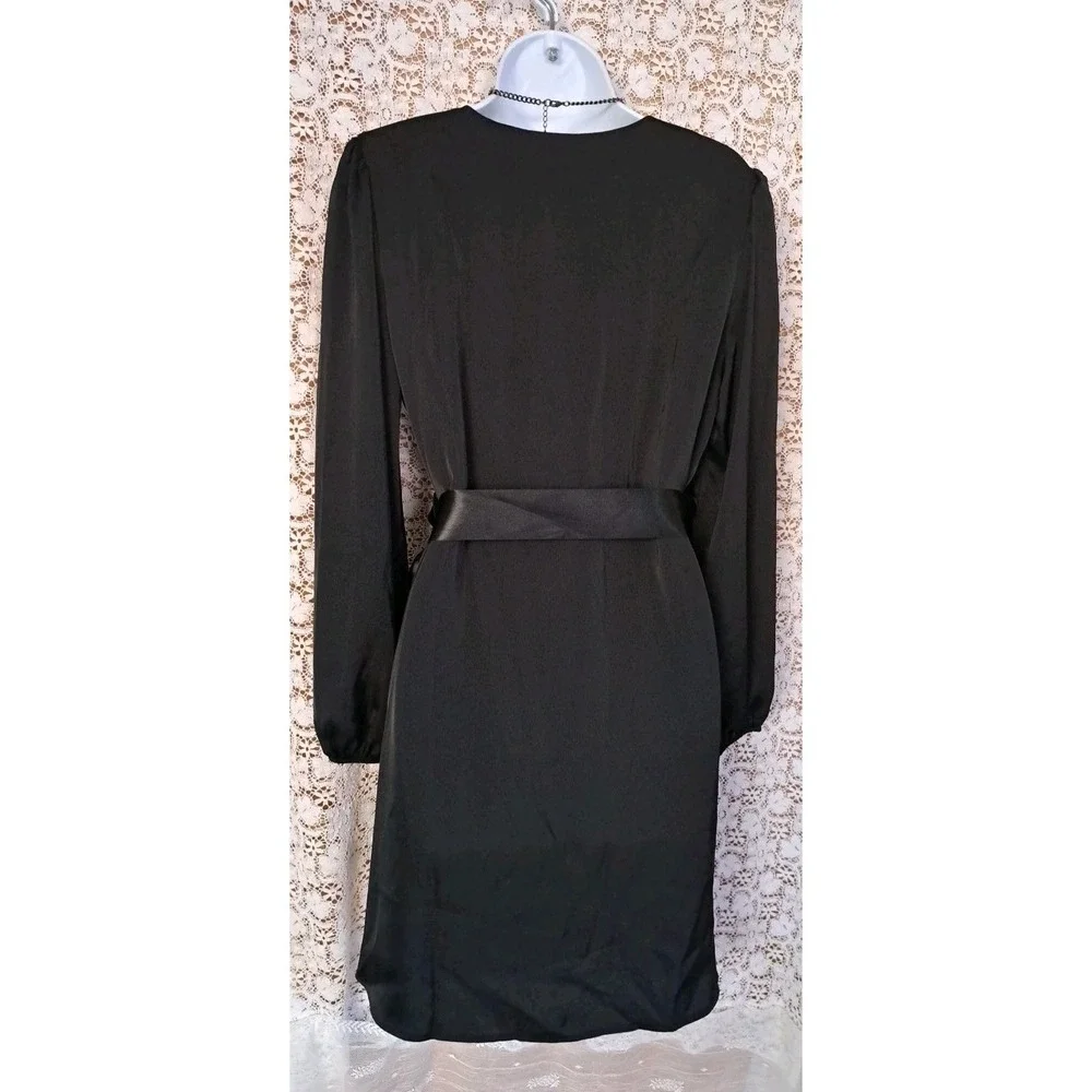 Pretty Garden Dress M Black V Neck Balloon Sleeves Satin‎ Tie Knee Length NWT